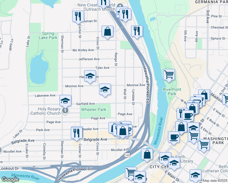 map of restaurants, bars, coffee shops, grocery stores, and more near 733 Range Street in North Mankato