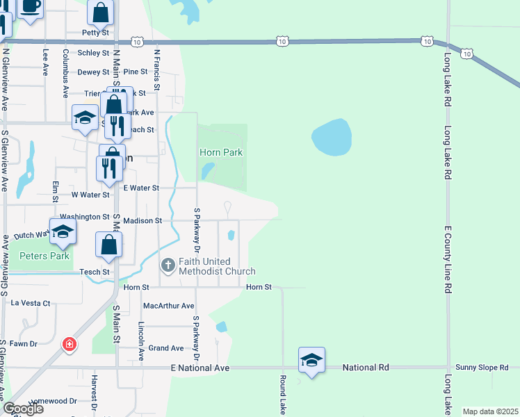 map of restaurants, bars, coffee shops, grocery stores, and more near 650 Madison Street in Brillion