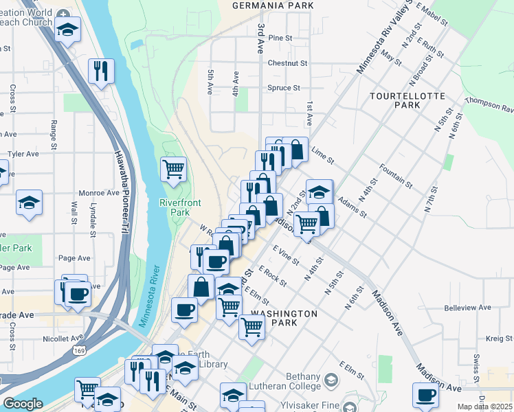 map of restaurants, bars, coffee shops, grocery stores, and more near 830 North Riverfront Drive in Mankato