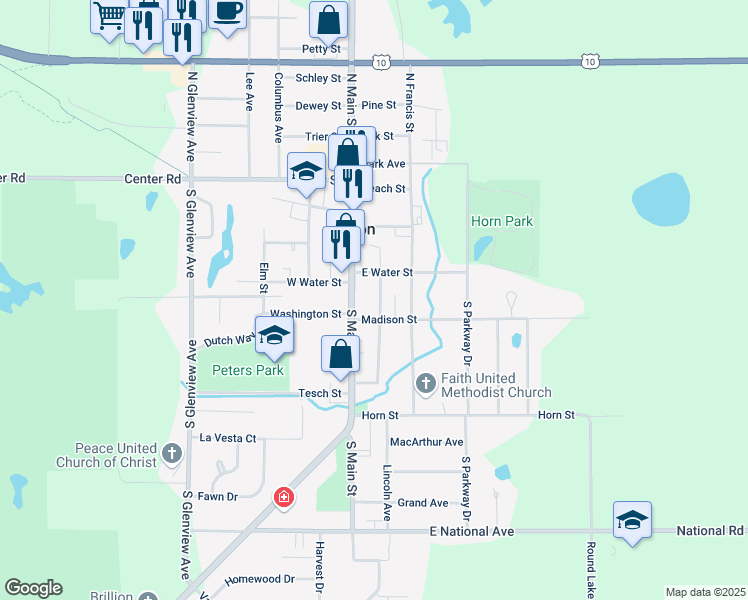 map of restaurants, bars, coffee shops, grocery stores, and more near 223 Cleveland Street in Brillion