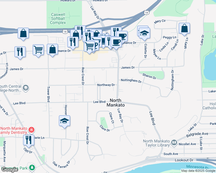 map of restaurants, bars, coffee shops, grocery stores, and more near 1725 Northway Drive in North Mankato