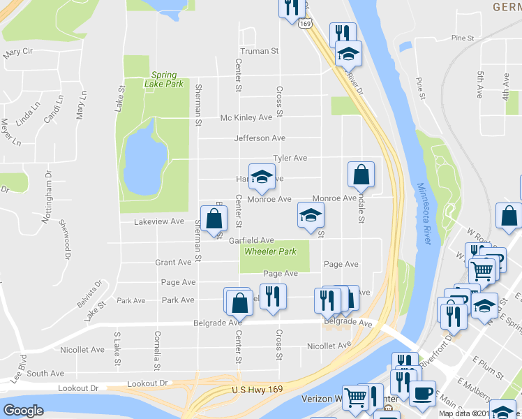 map of restaurants, bars, coffee shops, grocery stores, and more near 441 Monroe Avenue in North Mankato