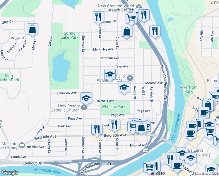 map of restaurants, bars, coffee shops, grocery stores, and more near 441 Monroe Avenue in North Mankato