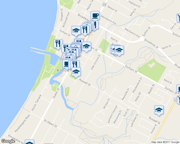 map of restaurants, bars, coffee shops, grocery stores, and more near  in Kincardine