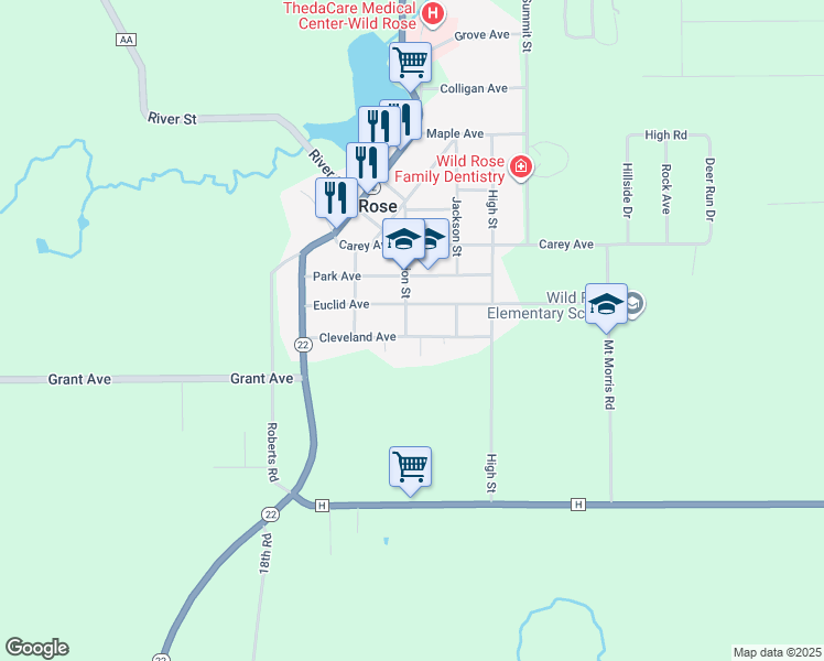 map of restaurants, bars, coffee shops, grocery stores, and more near 605 Cleveland Avenue in Wild Rose