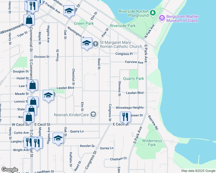 map of restaurants, bars, coffee shops, grocery stores, and more near 671 Congress Street in Neenah