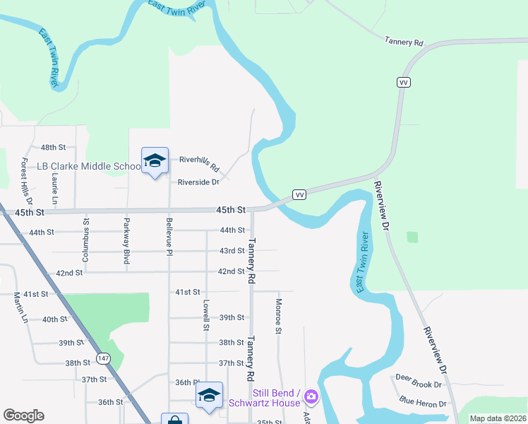 map of restaurants, bars, coffee shops, grocery stores, and more near 2211 45th Street in Two Rivers