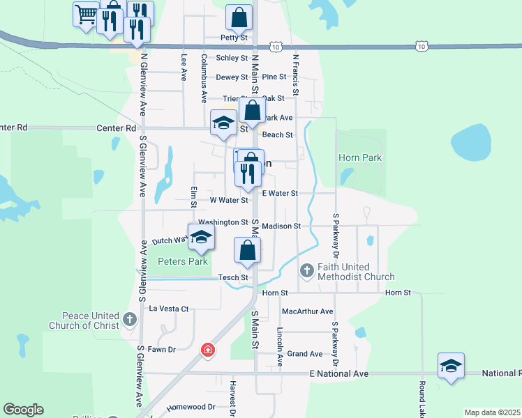 map of restaurants, bars, coffee shops, grocery stores, and more near 223 Cleveland Street in Brillion