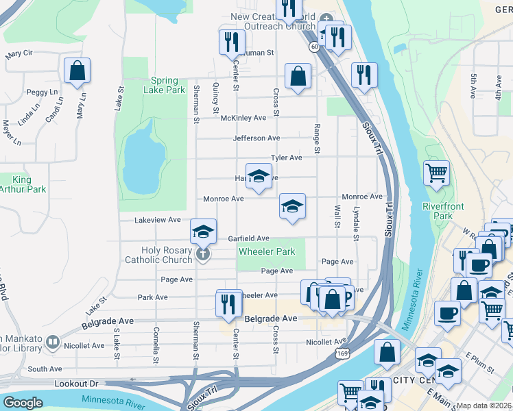 map of restaurants, bars, coffee shops, grocery stores, and more near 441 Monroe Avenue in North Mankato