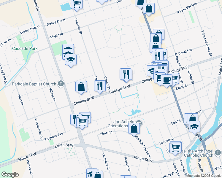 map of restaurants, bars, coffee shops, grocery stores, and more near 1 Gilbert Street in Belleville