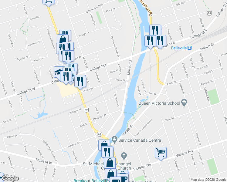 map of restaurants, bars, coffee shops, grocery stores, and more near Saint Charles Street in Belleville