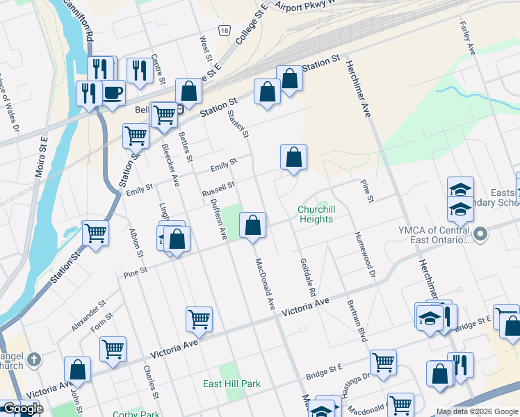 map of restaurants, bars, coffee shops, grocery stores, and more near 96 Stanley Street in Belleville
