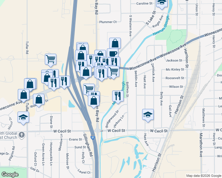 map of restaurants, bars, coffee shops, grocery stores, and more near 945 Fox Point Square in Neenah