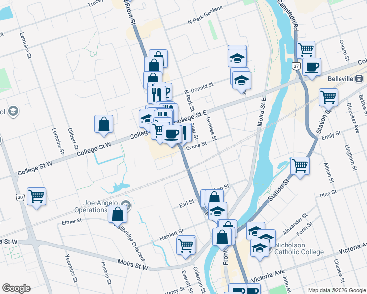 map of restaurants, bars, coffee shops, grocery stores, and more near 109 North Front Street in Belleville