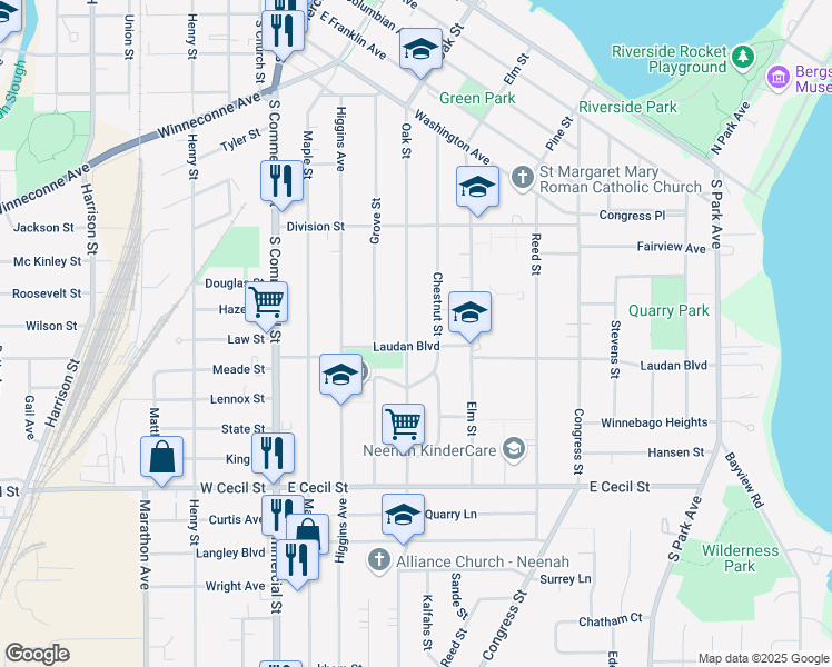 map of restaurants, bars, coffee shops, grocery stores, and more near 305 Laudan Boulevard in Neenah