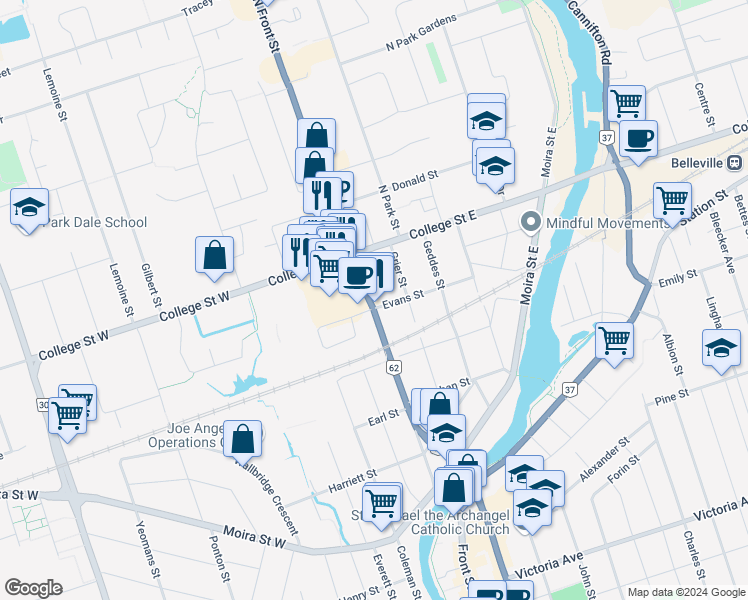 map of restaurants, bars, coffee shops, grocery stores, and more near 109 North Front Street in Belleville