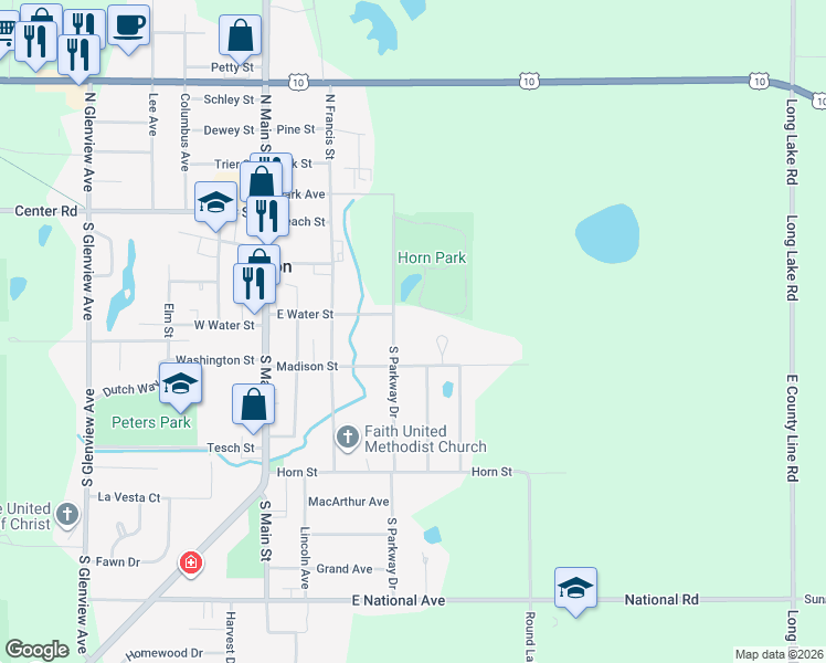 map of restaurants, bars, coffee shops, grocery stores, and more near 214 South Parkway Drive in Brillion