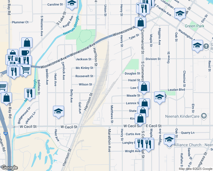 map of restaurants, bars, coffee shops, grocery stores, and more near 1298 Harrison Street in Neenah