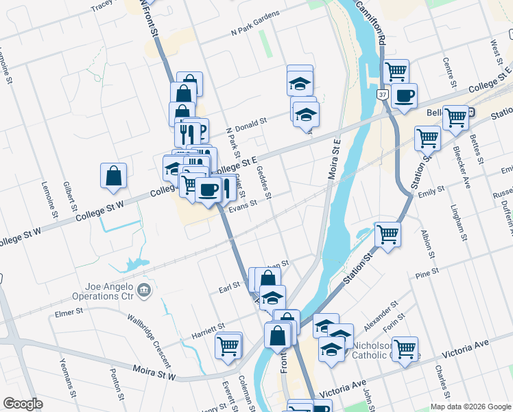 map of restaurants, bars, coffee shops, grocery stores, and more near 31 Evans Street in Belleville