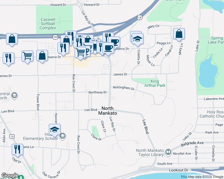 map of restaurants, bars, coffee shops, grocery stores, and more near 1711 Northway Drive in North Mankato