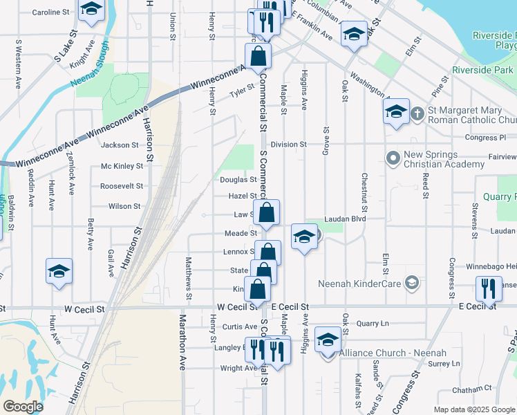 map of restaurants, bars, coffee shops, grocery stores, and more near 118 Law Street in Neenah