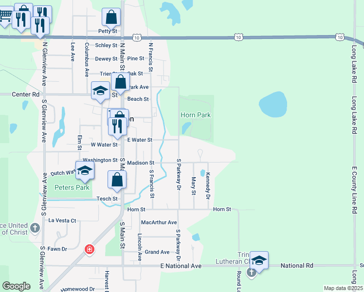 map of restaurants, bars, coffee shops, grocery stores, and more near 214 South Parkway Drive in Brillion