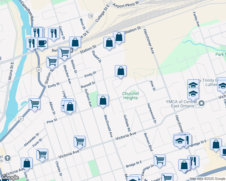 map of restaurants, bars, coffee shops, grocery stores, and more near 59 Russell Street in Belleville