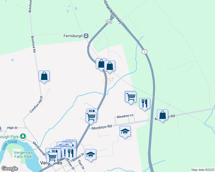 map of restaurants, bars, coffee shops, grocery stores, and more near 19 North Main Street in Vergennes