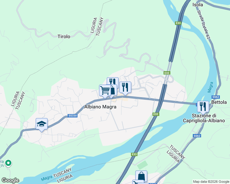 map of restaurants, bars, coffee shops, grocery stores, and more near 70 Via Don Pietro Corsini in Albiano Magra