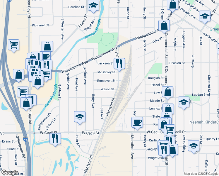 map of restaurants, bars, coffee shops, grocery stores, and more near 633 Wilson Street in Neenah