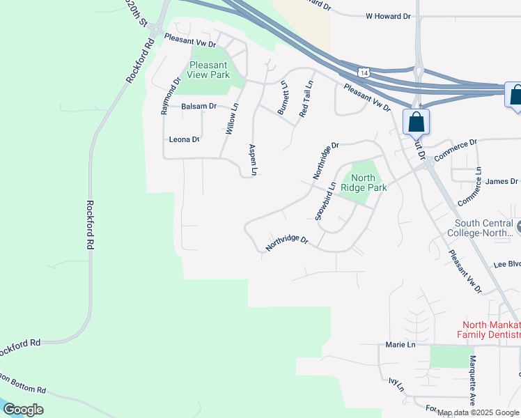 map of restaurants, bars, coffee shops, grocery stores, and more near 2292 Northridge Drive in North Mankato