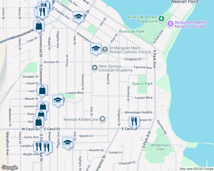 map of restaurants, bars, coffee shops, grocery stores, and more near 646 Reed Street in Neenah