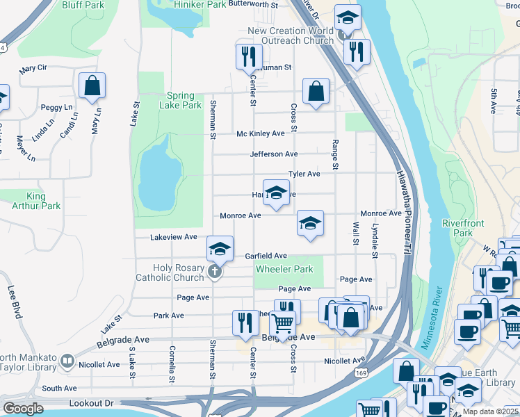 map of restaurants, bars, coffee shops, grocery stores, and more near 821 Center Street in North Mankato