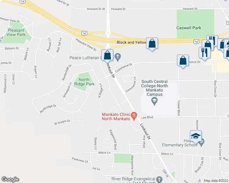 map of restaurants, bars, coffee shops, grocery stores, and more near 1628 Pleasant View Drive in North Mankato