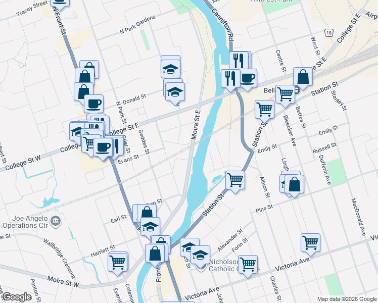 map of restaurants, bars, coffee shops, grocery stores, and more near 136 Moira Street East in Belleville