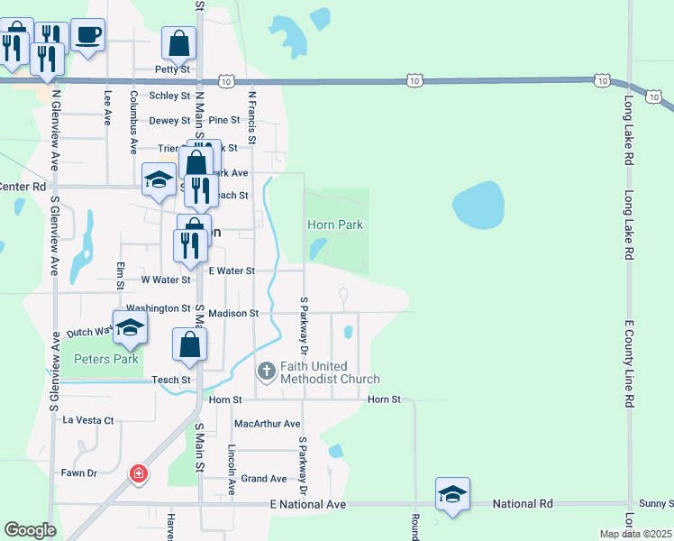 map of restaurants, bars, coffee shops, grocery stores, and more near 200 Parkway Drive in Brillion