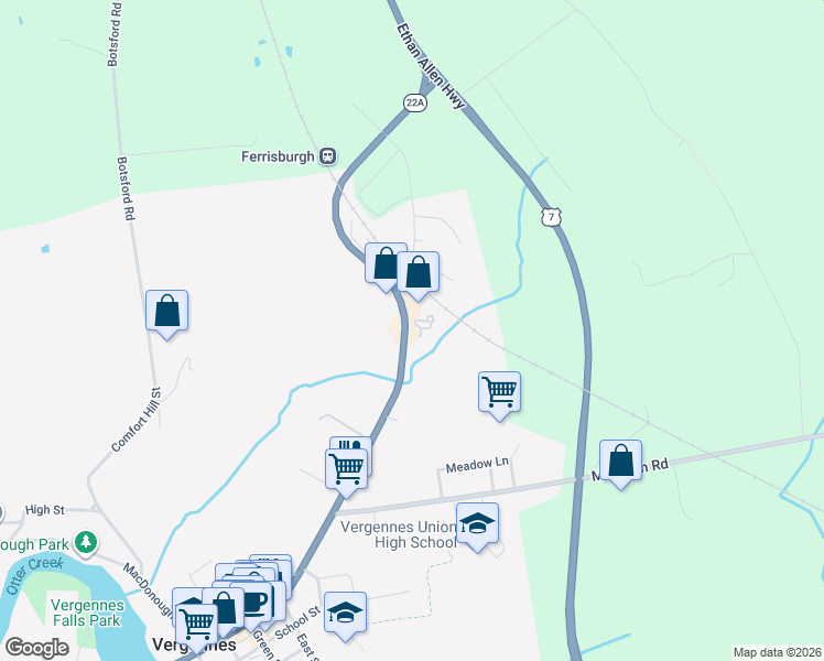 map of restaurants, bars, coffee shops, grocery stores, and more near 13 North Main Street in Vergennes