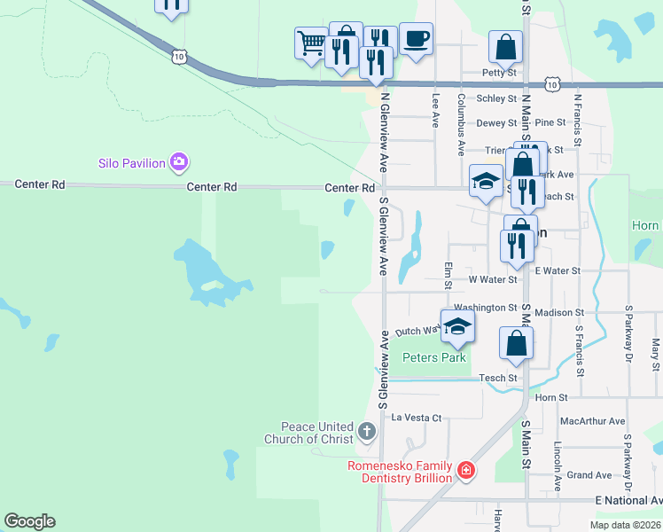 map of restaurants, bars, coffee shops, grocery stores, and more near W655 Center Road in Brillion