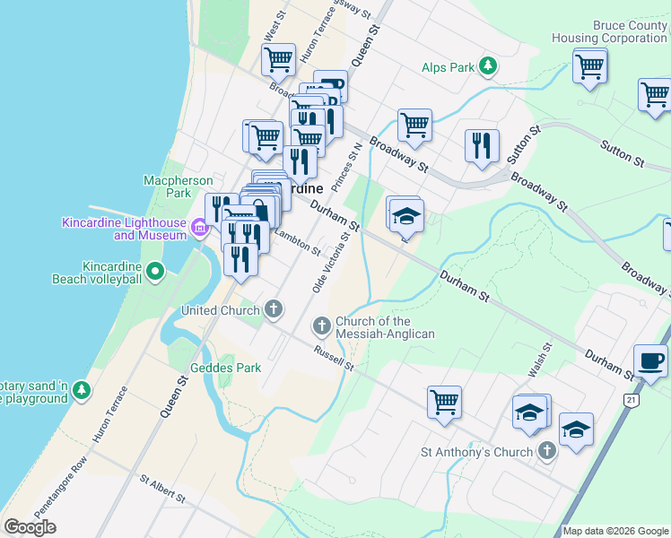 map of restaurants, bars, coffee shops, grocery stores, and more near 831 Olde Victoria Street in Kincardine