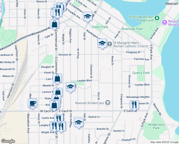 map of restaurants, bars, coffee shops, grocery stores, and more near 652 Oak Street in Neenah