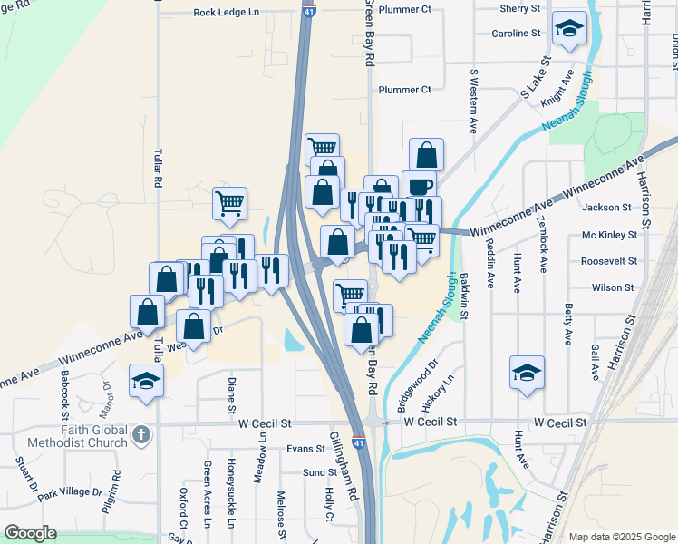 map of restaurants, bars, coffee shops, grocery stores, and more near 903 South Green Bay Road in Neenah