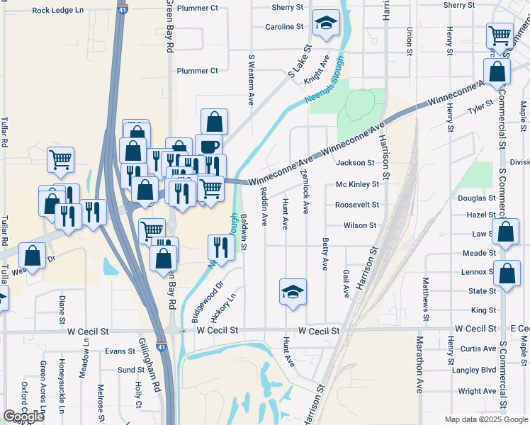 map of restaurants, bars, coffee shops, grocery stores, and more near 840 Reddin Avenue in Neenah