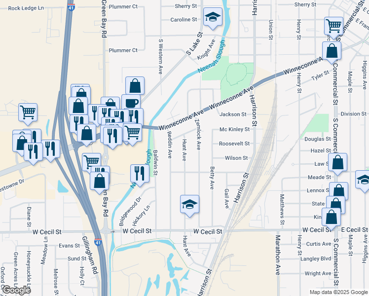 map of restaurants, bars, coffee shops, grocery stores, and more near 836 Hunt Ave in Neenah