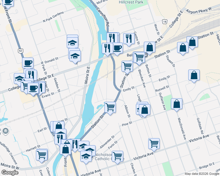 map of restaurants, bars, coffee shops, grocery stores, and more near 45 Cannifton Road in Belleville