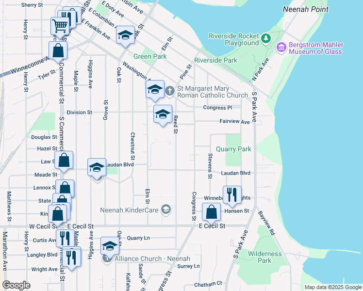 map of restaurants, bars, coffee shops, grocery stores, and more near 646 Reed Street in Neenah