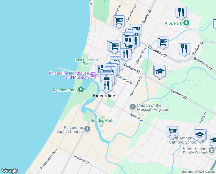 map of restaurants, bars, coffee shops, grocery stores, and more near 750 Queen Street in Kincardine