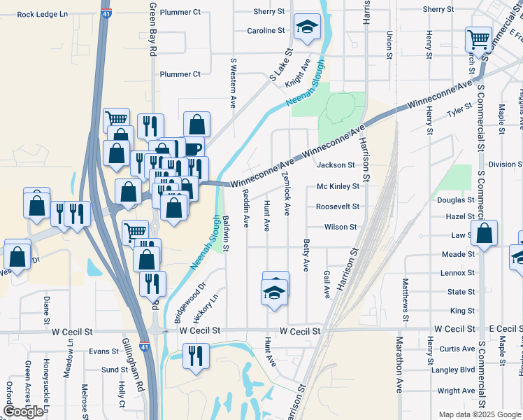 map of restaurants, bars, coffee shops, grocery stores, and more near 840 Reddin Avenue in Neenah