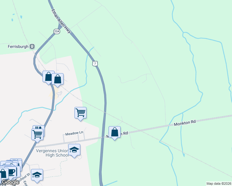 map of restaurants, bars, coffee shops, grocery stores, and more near 129 Wild Turkey Lane in Vergennes