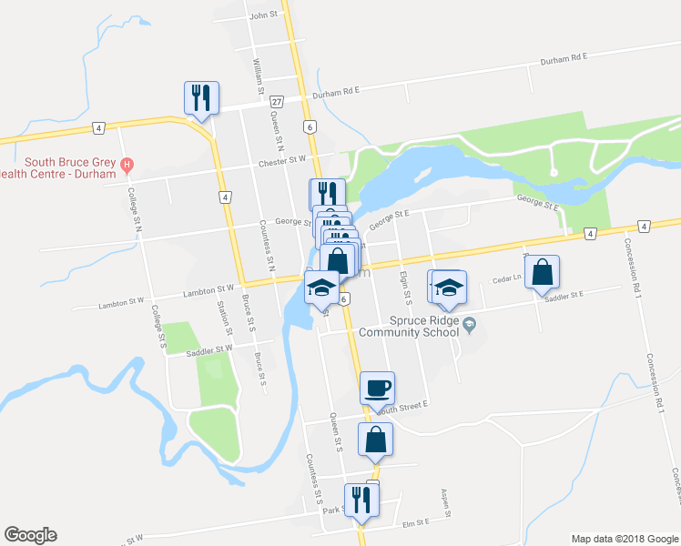 map of restaurants, bars, coffee shops, grocery stores, and more near 101 Lambton Street East in Durham
