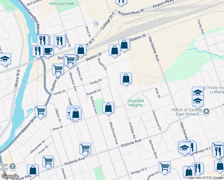 map of restaurants, bars, coffee shops, grocery stores, and more near 121 Stanley Street in Belleville